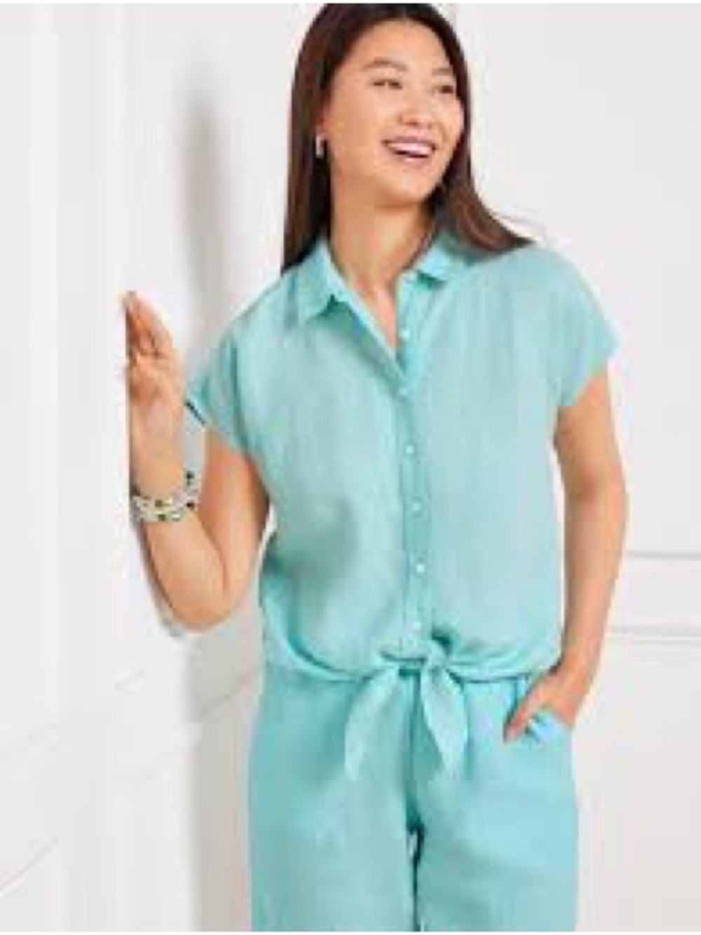 Talbots Cap Sleeve Tie Front Linen Blouse
